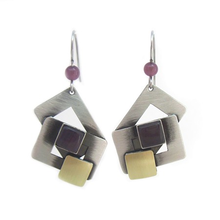 Double Square Brushed Silver w/Plum Catsite Earrings - Click Image to Close